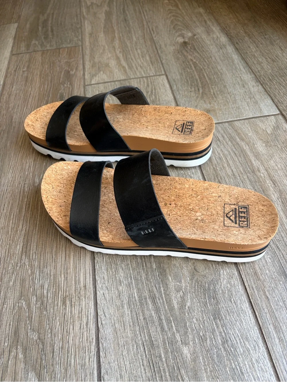 Reef black with white sole Cork Slide Sandals